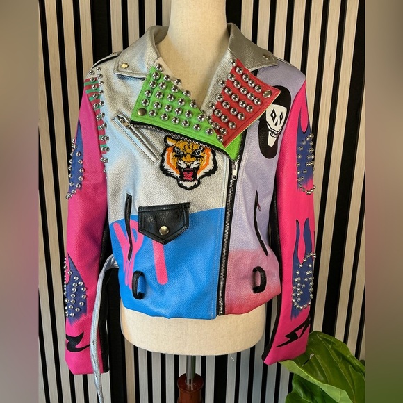 New Women’s AZALEA WANG Peridot Patch Work Moto Studded Jacket Sz M - Picture 1 of 7